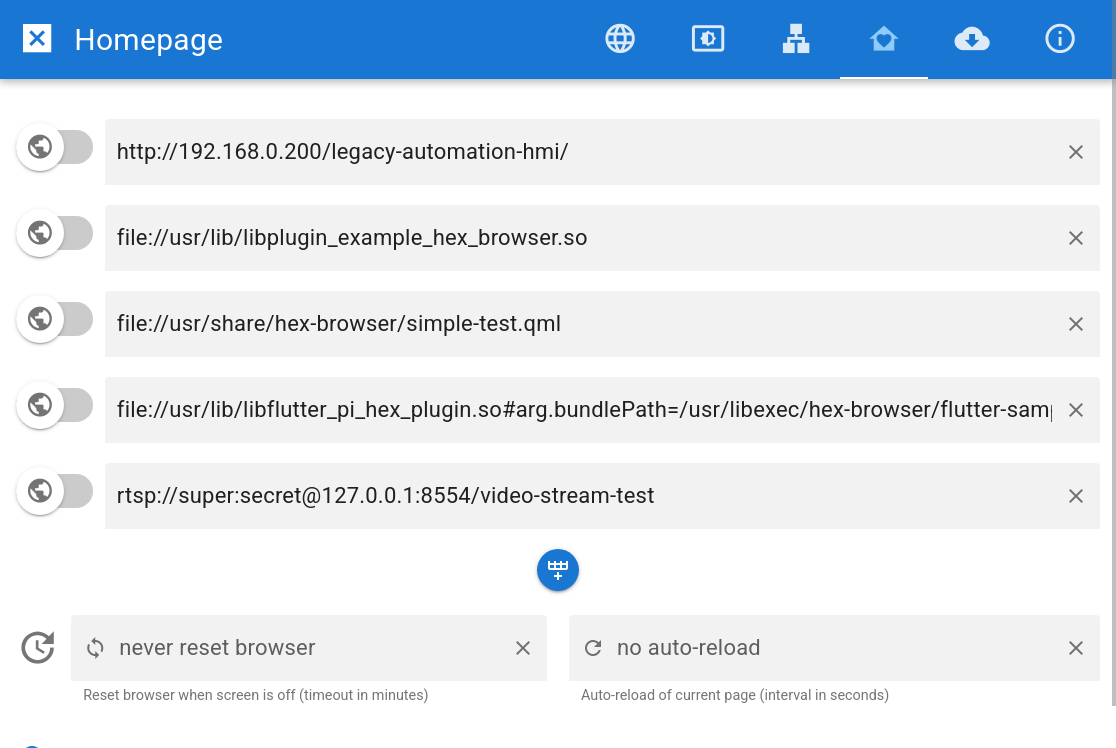 hex-browser Admin-UI für URL- und Tab-Einstellungen